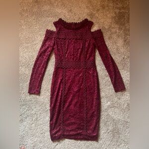 PremierAmour Bare Shoulder Burgundy lace Dress